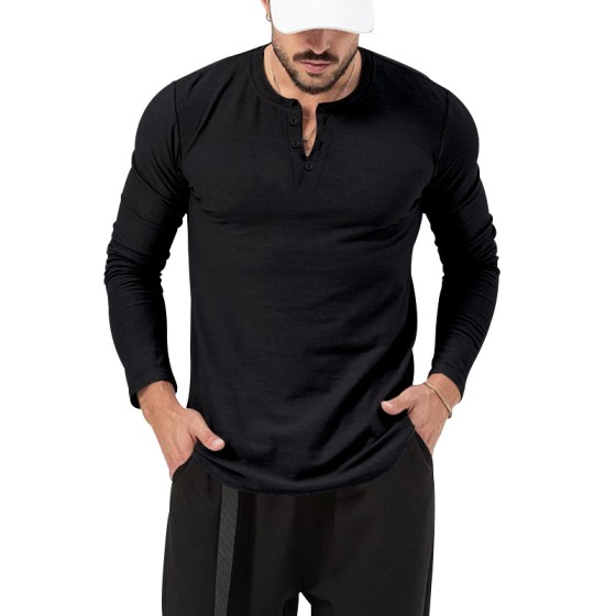 Essential Urban Long Sleeve Henley | Premium Minimalist Black Top